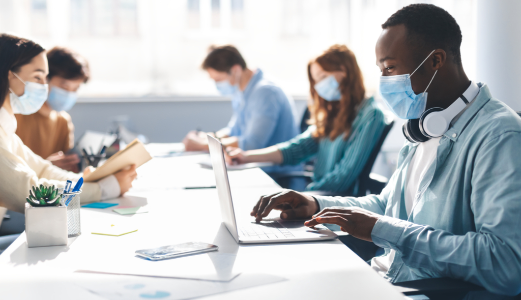 pandemia, trabalho, máscaras, equipe, time