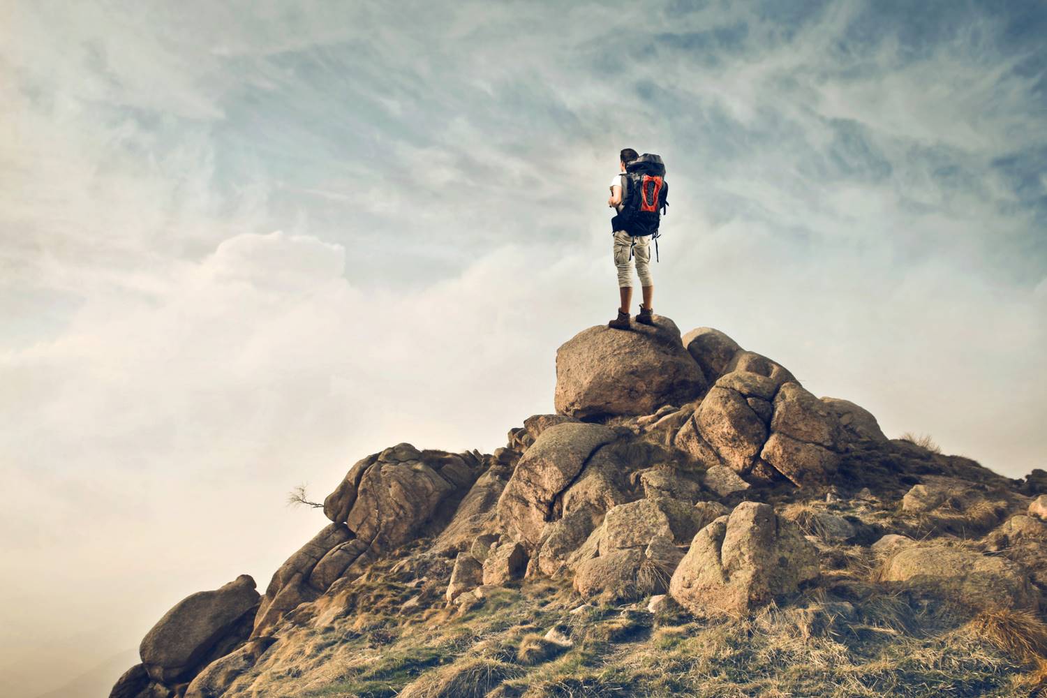 pedra, caminho, montanha, homem, mochileiro