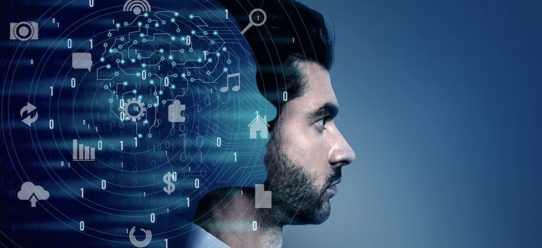 Homem olhando de perfil em um plano de fundo azul, atrás dele, um especto de uma inteligencia artificial projetando dados.