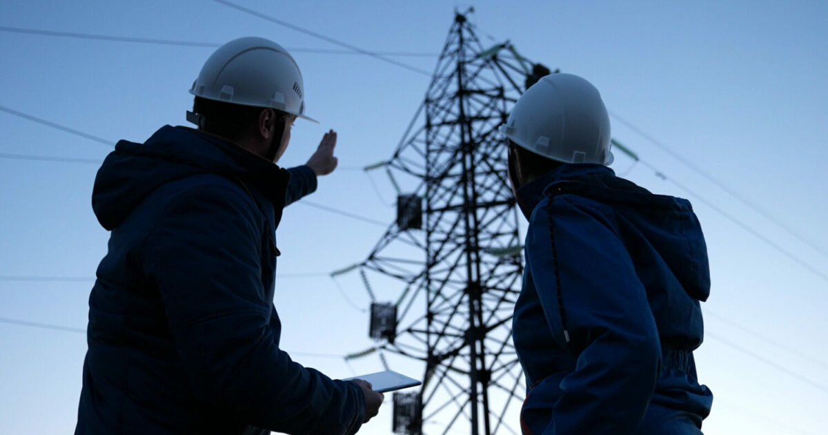 A imagem mostra dois trabalhadores usando capacetes de segurança e roupas apropriadas para o ambiente externo, analisando uma torre de transmissão de energia ou telecomunicações. Um deles segura um tablet, enquanto o outro aponta para a estrutura, sugerindo uma inspeção ou manutenção técnica. O cenário tem o céu ao fundo, indicando que a foto foi tirada ao amanhecer ou entardecer. A imagem transmite um ambiente de trabalho no setor de infraestrutura elétrica ou telecomunicações, destacando a importância da tecnologia e segurança nessas operações (telecomunicações, bndes, antenas, provedores de serviços de telecomunicações, ISP, CSP, conectividade)