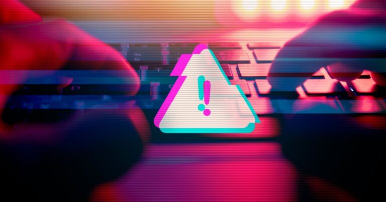 Imagem de um teclado de computador sendo usado por uma pessoa, com efeito de luzes em tons de rosa, roxo e azul. No centro da imagem, há um ícone de alerta em formato triangular com um ponto de exclamação, representando aviso ou risco digital, em estilo gráfico moderno com distorções visuais. (ransomware, empresa, cibersegurança, criptografia de dados, violações de dados, ransomware)