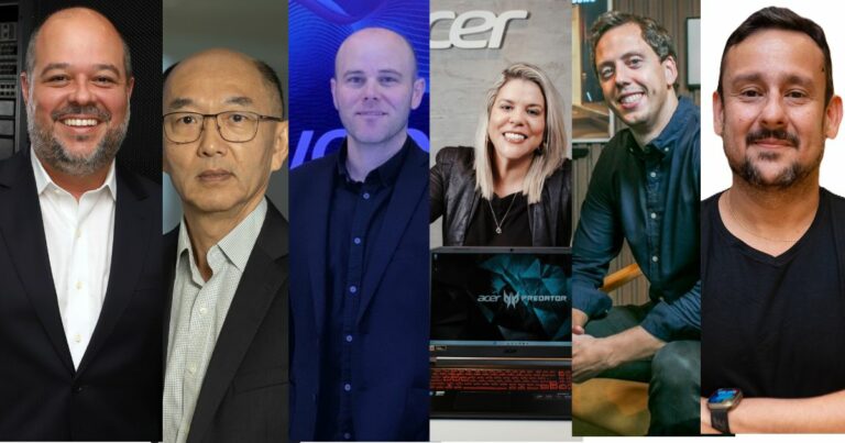 Guercio, da Positivo; Oyama, da Qualcomm; Abraham, da HP; Cristiane, da Acer; Benatti, da Samsung; e Carvalho, da Dell. AI PCs