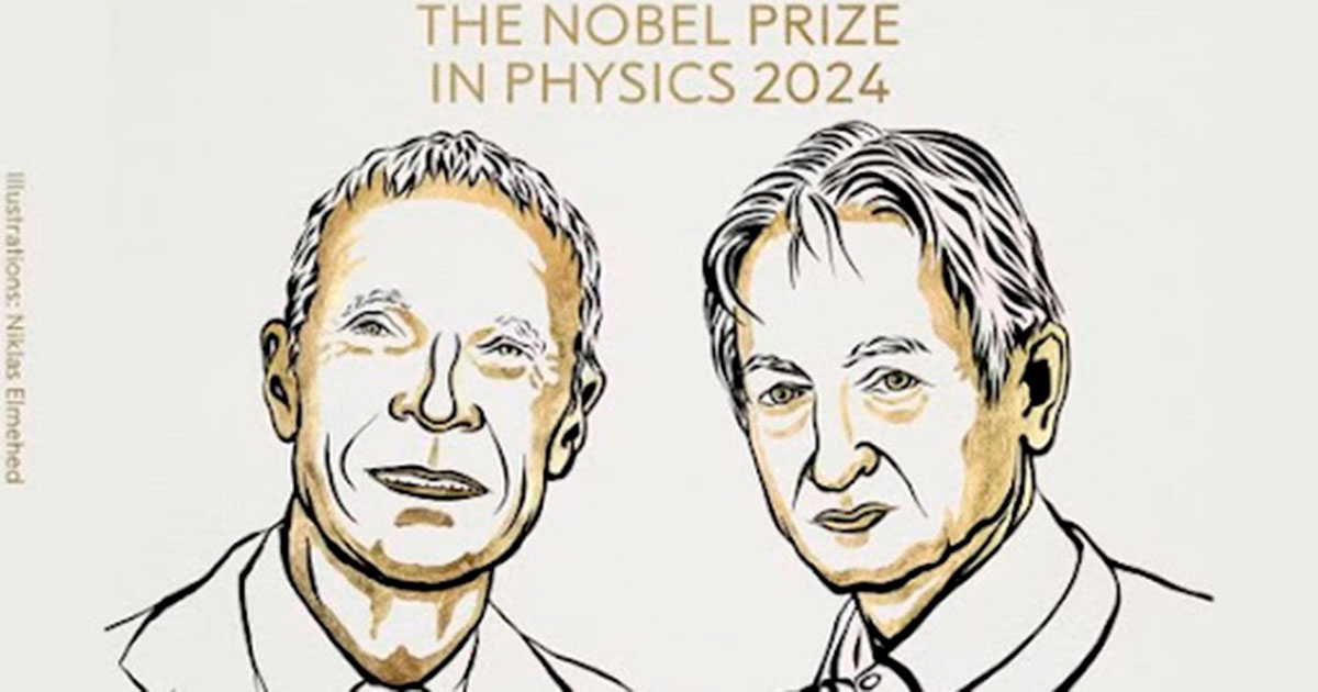 Ilustração oficial anuncia os vencedores do Prêmio Nobel de Física de 2024: John Hopfield e Geoffrey Hinton - Foto: reprodução