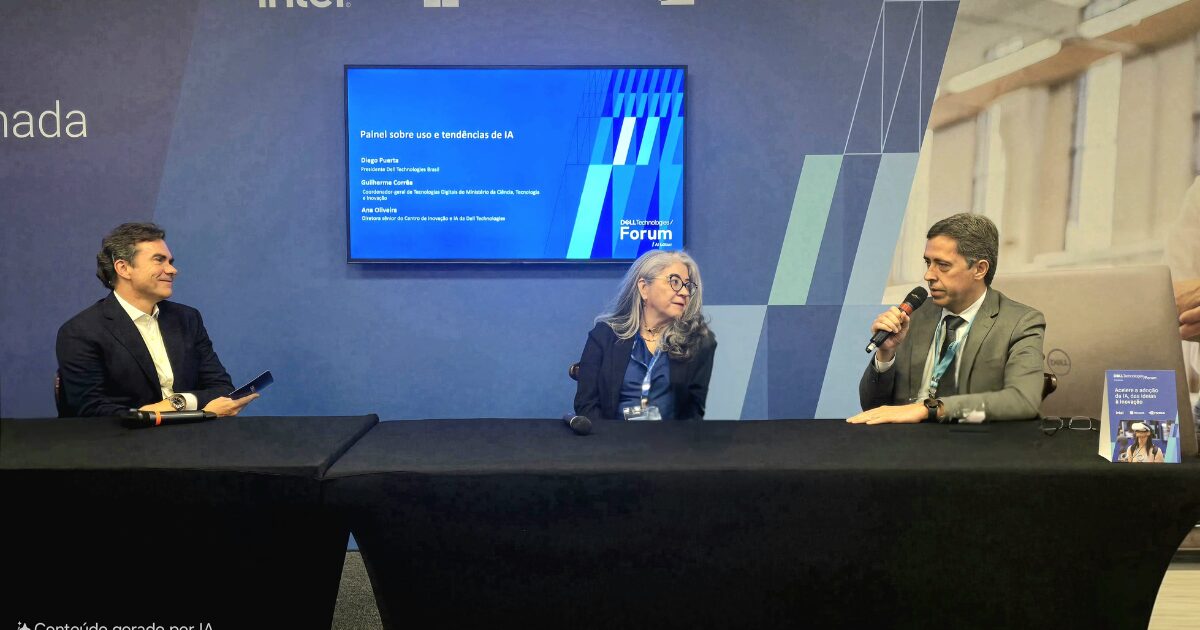 presidente da Dell Brasil, Diego Puerta; Ana Oliveira, diretora-sênior do Centro de Inovação e IA da Dell; e Guilherme Correa, coordenador geral de tecnologias digitais (CGTD) do MCTI. Imagem: divulgação