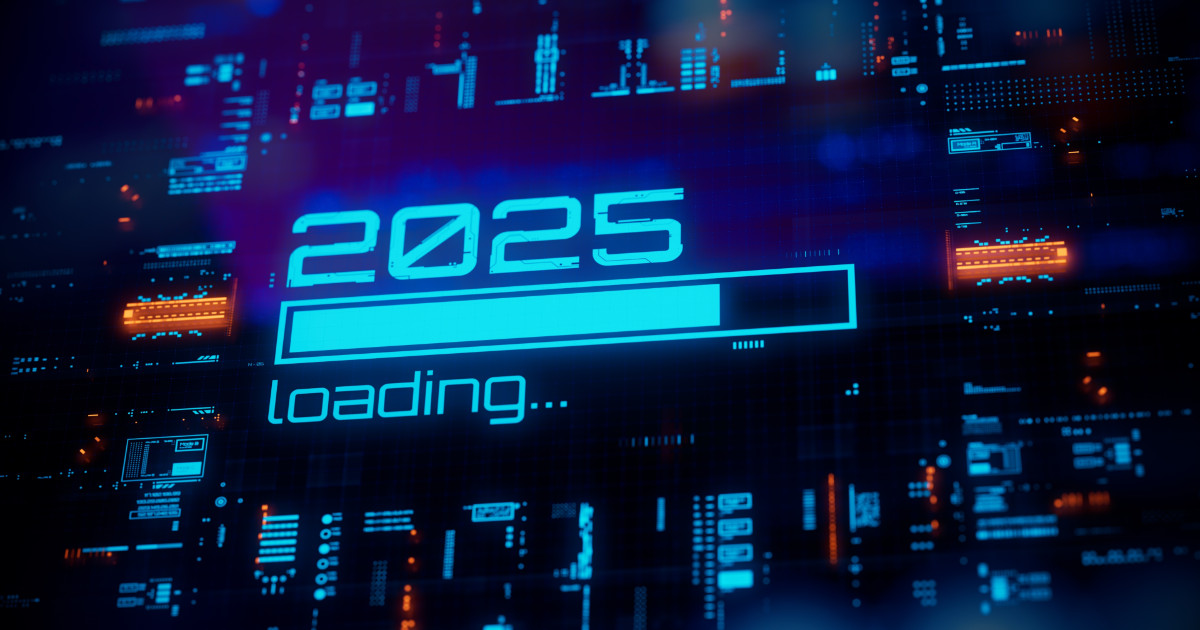 Imagem digital futurista com a mensagem '2025 loading...' em destaque, representando o conceito de transição tecnológica para o ano de 2025, com elementos de dados e gráficos no fundo, Robert Half