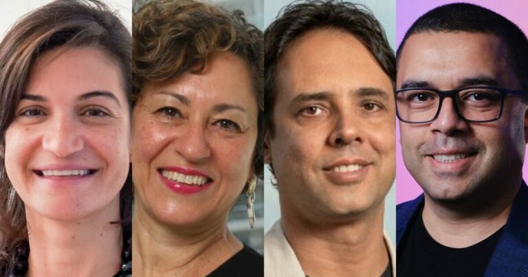 Montagem de fotos de quatro executivos lado a lado: Carolina Maestri da Odata, Nelmara Arbex da KPMG, Emanuel Queiroz da Capgemini e Victor Arnaud da Equinix. Todos estão sorrindo e posando em diferentes ambientes corporativos, com expressões amigáveis e profissionais, ESG