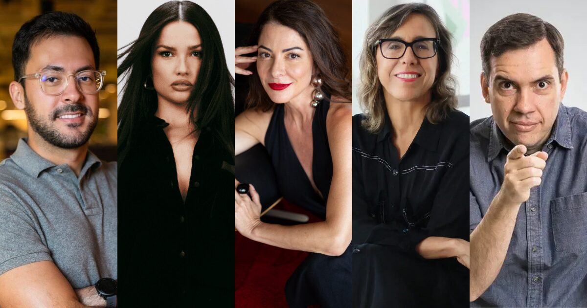 Montagem com cinco palestrantes do RD Summit 2024 em plano médio, da esquerda para a direita: Hernane Júnior, Fundador e CEO da Waffle, usando óculos e camiseta cinza; Juliette, com cabelo preto liso e expressão séria; Ana Paula Padrão, com cabelo castanho ondulado, maquiagem marcante e vestido preto sem mangas; Ana Couto, fundadora da Agência Ana Couto, de óculos e cabelo curto ondulado, usando camisa preta; e João Branco, professor e conselheiro, com expressão séria e apontando para a frente, vestindo uma camisa azul