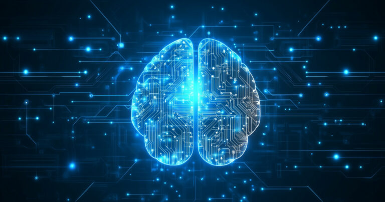 Ilustração digital de um cérebro futurista brilhando em azul, com circuitos eletrônicos e conexões simbolizando inteligência artificial e tecnologia avançada. Linhas de luz e pontos conectados se espalham pelo fundo escuro, criando uma sensação de rede neural e inovação tecnológica, Superinteligência, neuralink