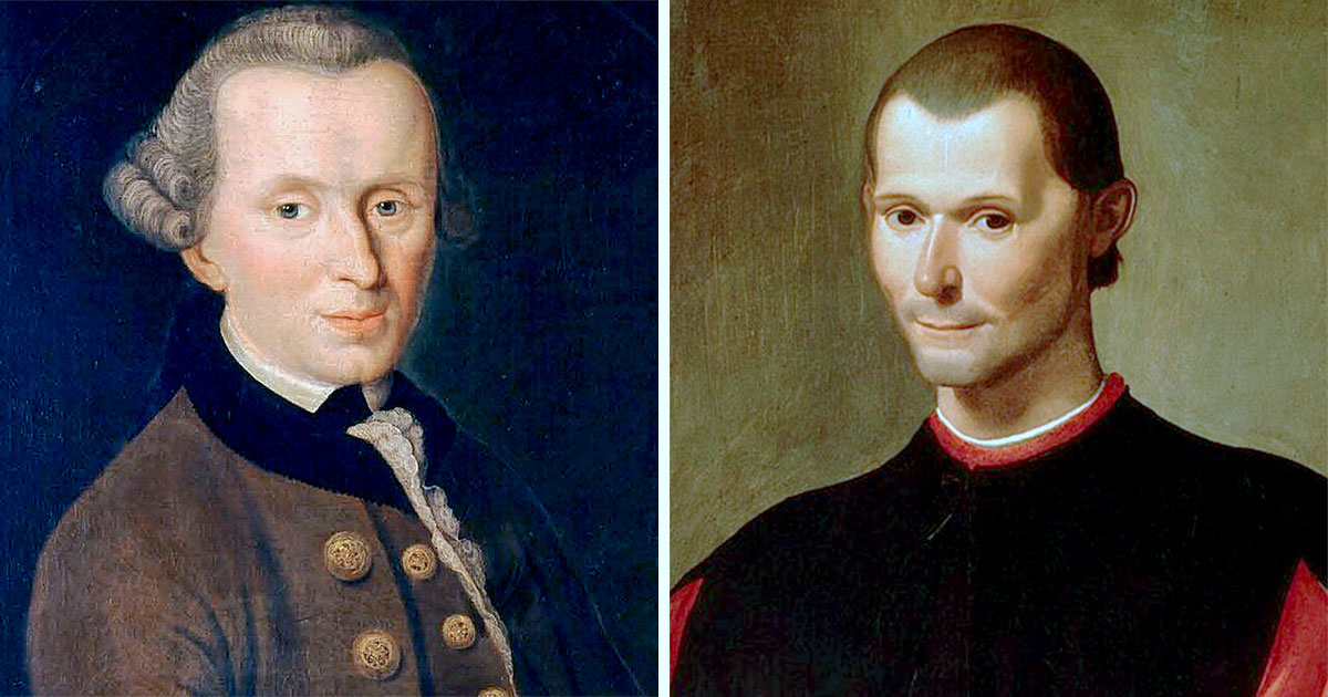 "Retratos de Immanuel Kant (à esquerda), filósofo alemão do Iluminismo, conhecido por sua ética deontológica, e Nicolau Maquiavel (à direita), pensador renascentista italiano, autor de 'O Príncipe', destacado pelo pragmatismo político. Ambos simbolizam abordagens contrastantes na filosofia ética e política, digital