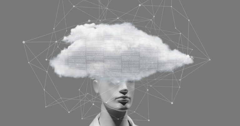 A imagem apresenta a representação conceitual da computação em nuvem e da inteligência artificial. Mostra um rosto humano estilizado, semelhante a um manequim, com uma grande nuvem branca cobrindo sua cabeça. Dentro da nuvem, há fragmentos de texto digitalizado, simbolizando armazenamento de informações e processamento de dados. O fundo é composto por um padrão de conexões interligadas, remetendo a redes digitais e tecnologia. A imagem evoca a ideia de inteligência artificial, pensamento digital e armazenamento de dados em nuvem. (inteligencia artificial, humano, IA)