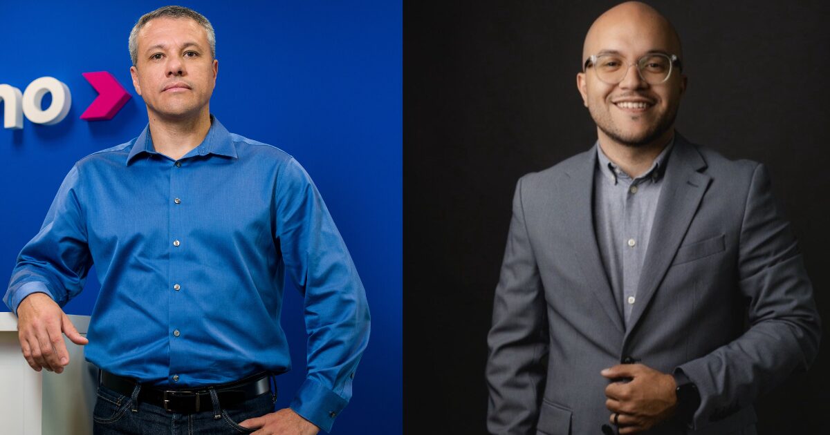 Eber Duarte, diretor de tecnologia da Catho e Diego Barbosa, cofundador da Rooby. Imagens: divulgação (contratação, IA, diversidade)