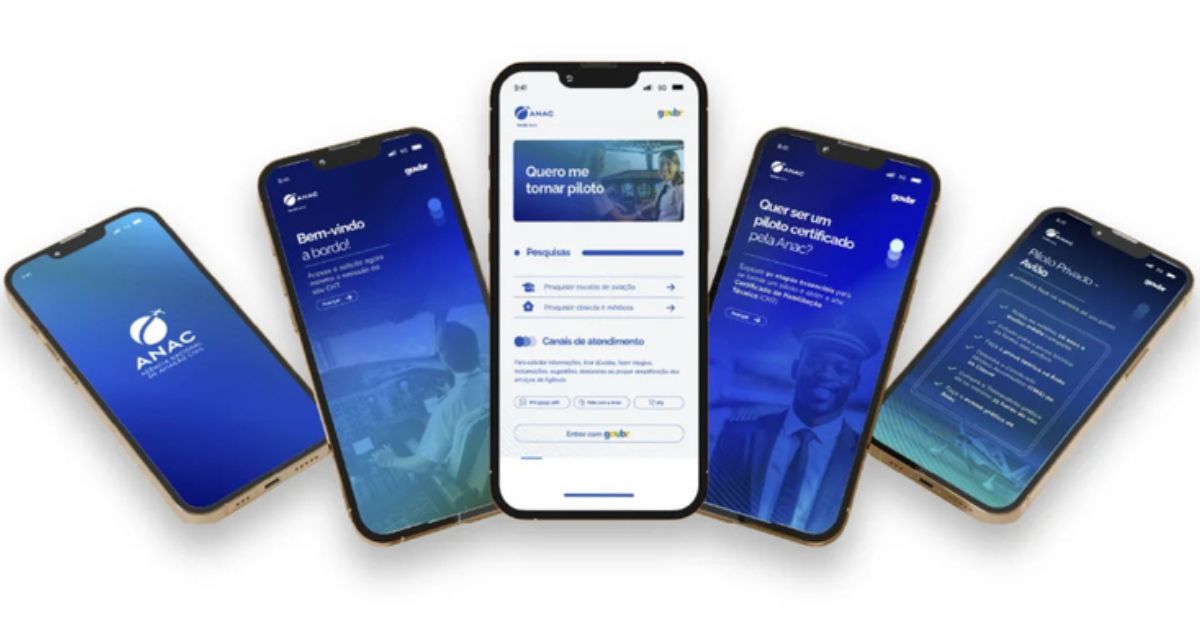 Imagem de cinco smartphones exibindo diferentes telas do aplicativo da ANAC (Agência Nacional de Aviação Civil). As telas apresentam opções como informações para se tornar piloto, certificação e serviços da aviação, com design moderno em tons de azul e ícones intuitivos