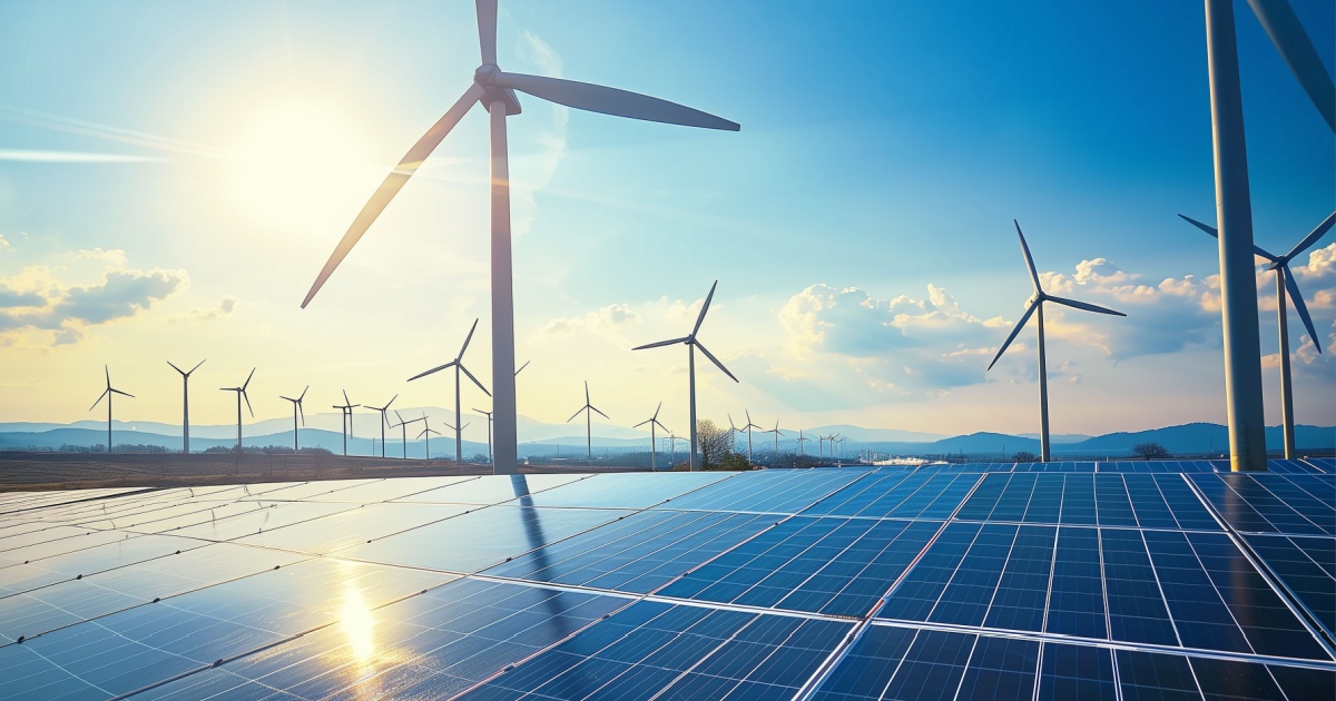 Paisagem de geração de energia renovável, combinando turbinas eólicas e painéis solares sob um céu azul com sol radiante. As turbinas eólicas estão espalhadas por uma área ampla, enquanto os painéis solares refletem a luz do sol, representando fontes de energia sustentável (energia renovável, energia sustentável, energia eólica, energia solar, programa transição energética)