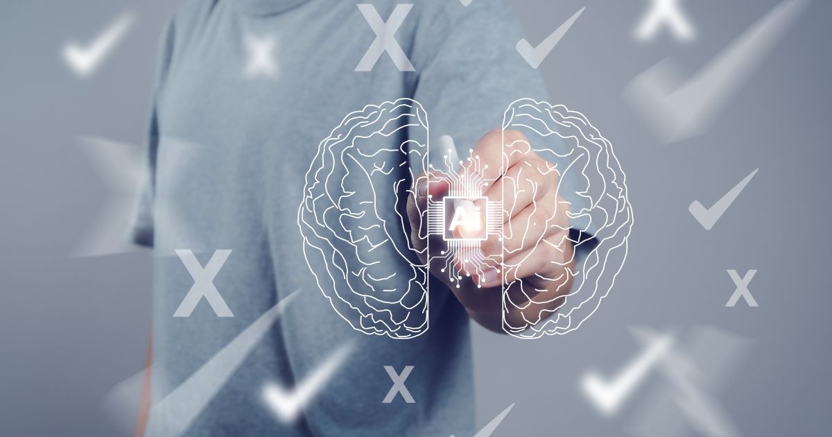 A imagem mostra uma pessoa vestindo uma camiseta cinza apontando para a câmera. Sobreposta à imagem, há uma ilustração digital de um cérebro dividido ao meio, com um microchip no centro exibindo as letras "AI" (Inteligência Artificial). Ao redor, há marcas de verificação e símbolos de "X", sugerindo um conceito de tomada de decisão ou avaliação. O fundo é desfocado, destacando o elemento digital da composição (regulamentação, IA generativa)