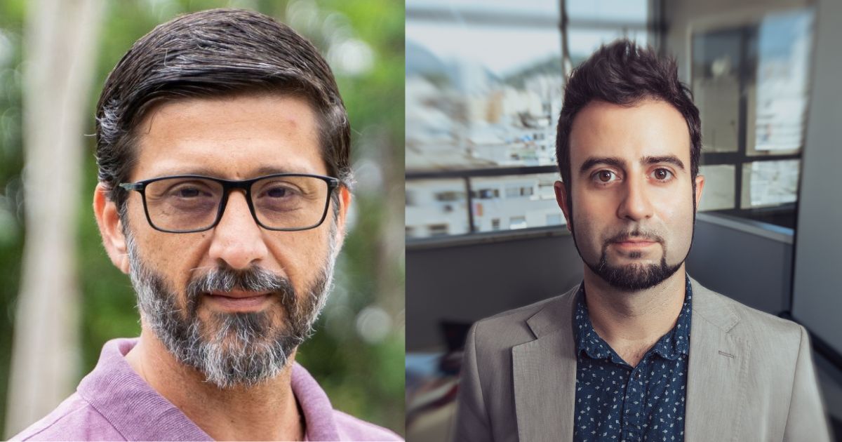 À esquerda, Sandro Paulino, diretor-executivo da Carbono Florestal – Pesquisa e Conservação e diretor do Centro de Pesquisas Itaqui, posando ao ar livre com fundo desfocado de vegetação. À direita, Fabro Steibel, diretor-executivo do ITS Rio, em um ambiente interno com janelas ao fundo.