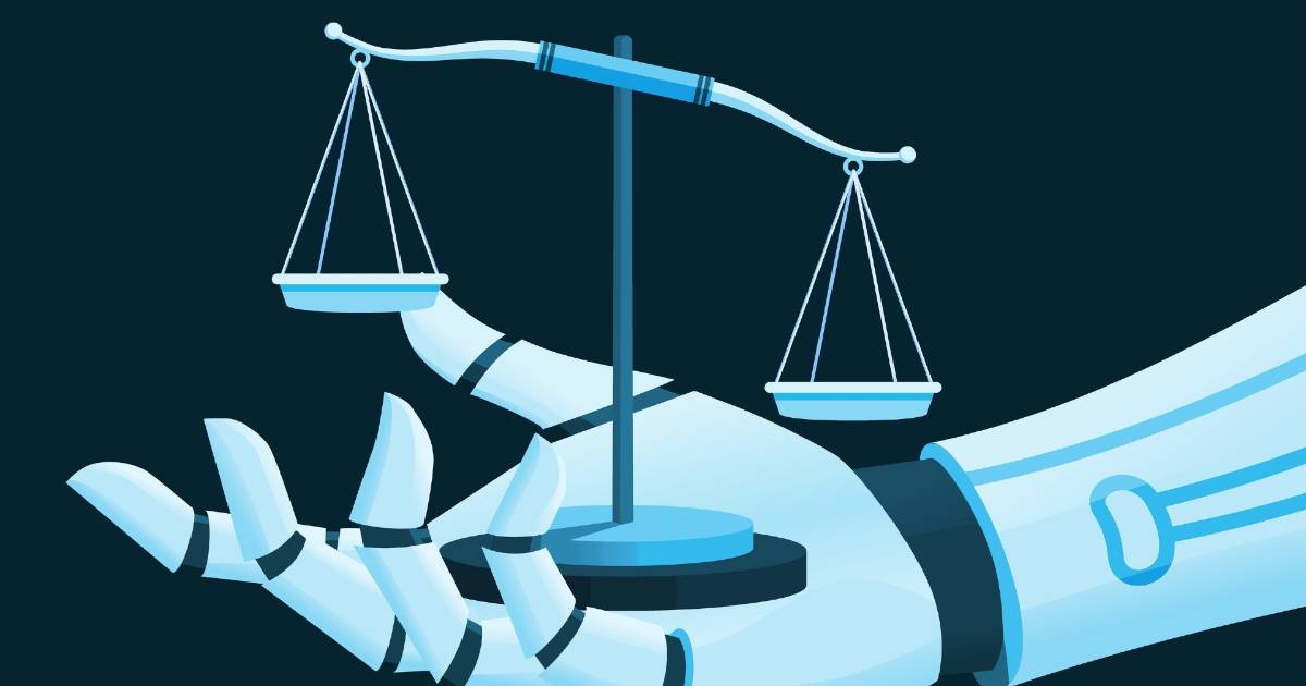 Ilustração de uma mão robótica segurando uma balança de justiça, simbolizando a relação entre tecnologia e regulamentação. O fundo em tons escuros destaca o contraste com os elementos tecnológicos e jurídicos representados, ambiente regulatório, EUA, Reino Unido