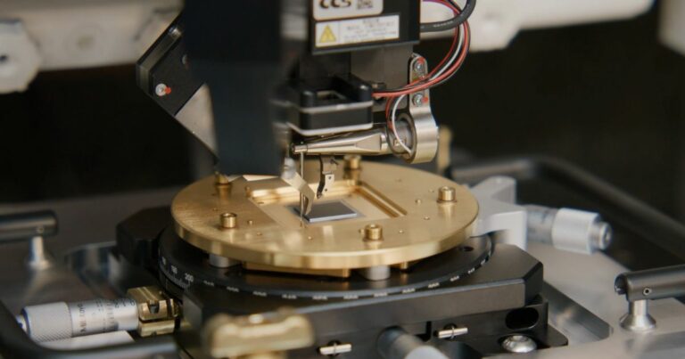 Ocelot, um chip quântico de qubits supercondutores sendo conectado por fios a uma placa de circuito no AWS Center for Quantum Computing em Pasadena, Califórnia. Crédito: Divulgação/AWS