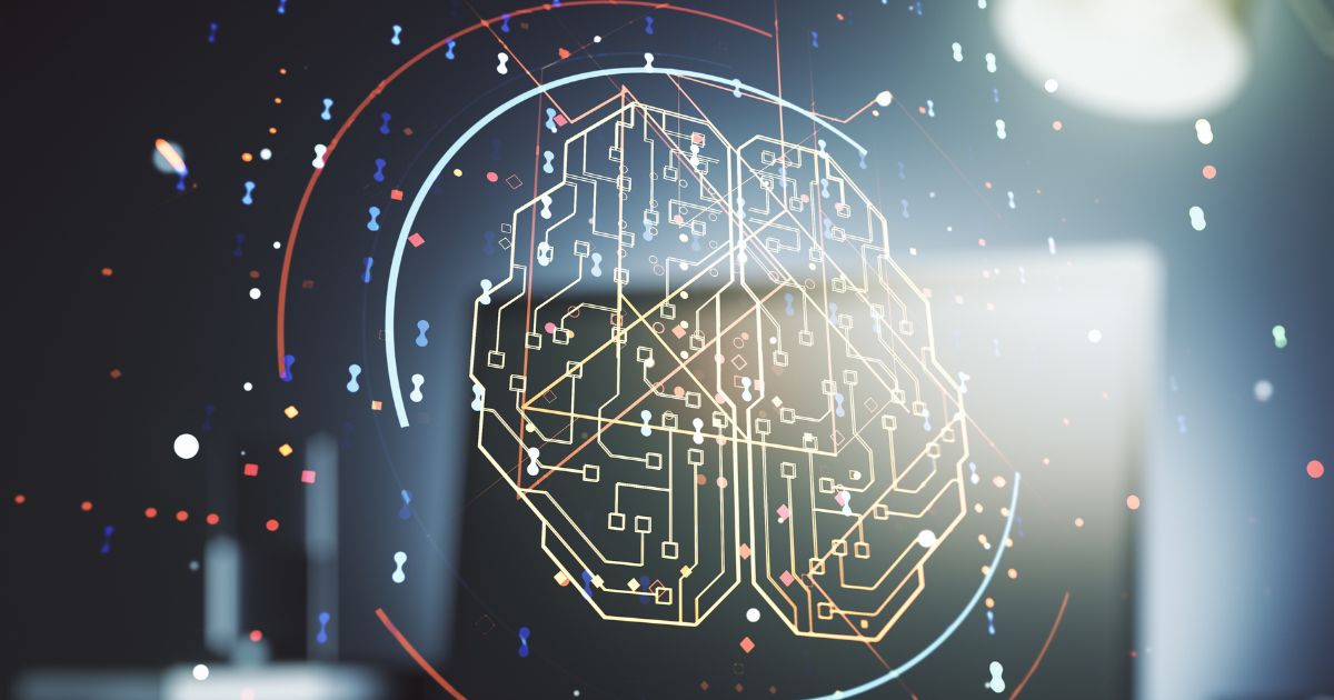 Uma imagem digital abstrata representando inteligência artificial. No primeiro plano, há uma ilustração futurista de um cérebro feito de circuitos e linhas conectadas, simbolizando tecnologia e redes neurais. O fundo mostra um ambiente de escritório desfocado, com um laptop e uma luz suave. Pequenos elementos gráficos coloridos flutuam ao redor, criando um efeito dinâmico e inovador.