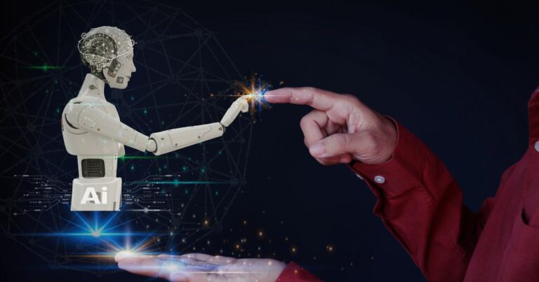 Imagem conceitual de inteligência artificial. Um robô humanoide branco com um design futurista estende a sua mão, tocando a ponta do dedo de um humano vestido com uma camisa vermelha. O toque entre os dedos gera um brilho de luz, simbolizando a conexão entre humanos e a IA. O fundo é escuro, com padrões geométricos e circuitos digitais brilhantes, reforçando a ideia de tecnologia e inovação (estudo)