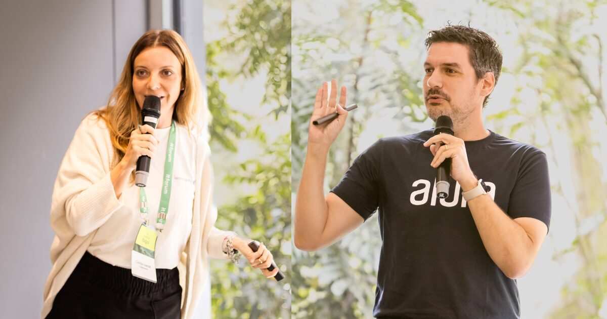 Cecília Ivanisk, fundadora e CEO da Learn to Fly, e Guilherme Pereira, diretor de Inovação, Programas e Experiências da Alura + FIAP Para Empresas. falam sobre humanos