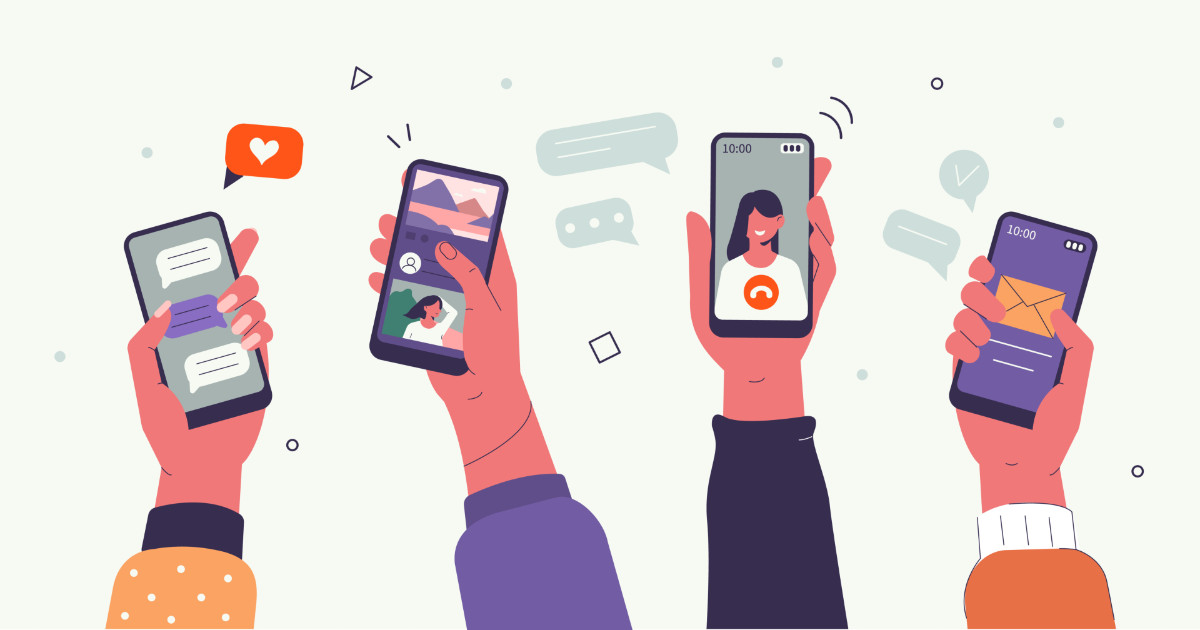 A imagem ilustra quatro mãos segurando smartphones, cada um exibindo diferentes interações digitais. O primeiro telefone à esquerda mostra uma conversa por mensagens, com um balão de notificação de curtida acima. O segundo telefone exibe uma chamada de vídeo, com a tela dividida entre uma paisagem e a imagem de uma pessoa. O terceiro telefone apresenta uma chamada de voz em andamento com uma mulher sorridente na tela. O último telefone à direita mostra um ícone de e-mail, indicando uma nova mensagem recebida. O fundo contém elementos gráficos abstratos representando comunicação, como balões de fala e ícones de notificação (b2b)