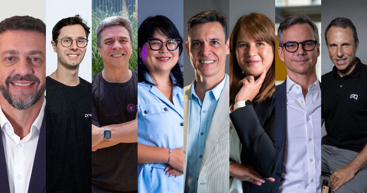 Montagem com oito executivos que participam de debate sobre inovação no IT Forum Trancoso 2025. Eles estão posicionados lado a lado, cada um em seu respectivo cenário individual, olhando para a câmera e sorrindo. A imagem reúne homens e mulheres vestidos com roupas formais e casuais, representando diversidade de estilos no ambiente corporativo.