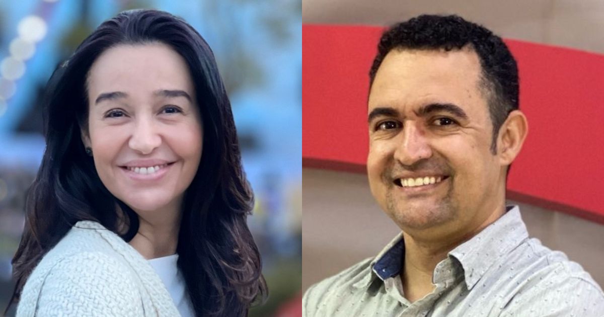 Foto lado a lado de Joana Moura, vice-presidente para Clientes Corporativos da Microsoft Brasil, e Nelson Borges, superintendente de TI do Bradesco. Joana está à esquerda, sorrindo, com cabelos castanhos escuros soltos e vestindo um casaco claro. Nelson está à direita, também sorrindo, com cabelo curto e camisa clara, posicionado diante de um fundo com detalhe vermelho.