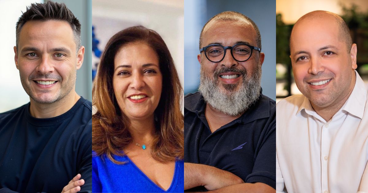 Imagem com montagem de quatro executivos lado a lado, todos sorrindo e em ambientes corporativos. Da esquerda para a direita: Rogério Magalhães, novo diretor do AI Center da Solutis, veste camiseta escura; Sandrine El Khodry, nova vice-presidente executiva de vendas e marketing global da Alcatel-Lucent Enterprise, usa blusa azul e colar com pingente; Ricardo Trovato, novo gerente de cibersegurança da Delfia, aparece com barba e óculos, vestindo camisa polo azul escura; e Rogerio Martello, novo CEO da Steck LATAM e vice-presidente de Home & Distribution da Schneider Electric na América do Sul, veste camisa social branca. (Executivos da semana)
