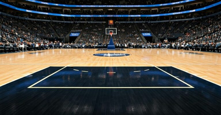 Vista frontal de um campo de basquetebol profissional dentro de um grande pavilhão desportivo. O ponto de vista está posicionado na linha de fundo, voltado para o cesto adversário ao centro da imagem. As arquibancadas estão repletas de espectadores e há três níveis de assentos visíveis, todos bastante preenchidos. A iluminação é forte e o ambiente transmite a energia de um evento desportivo importante, possivelmente um jogo da NBA.