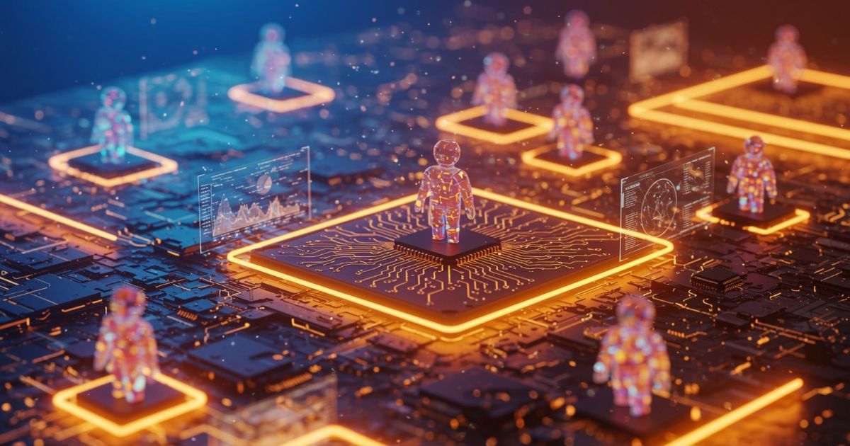Representação digital futurista de uma rede de inteligência artificial. Pequenas figuras humanoides translúcidas, com padrões luminosos multicoloridos, estão posicionadas sobre placas de circuito iluminadas por molduras retangulares alaranjadas. Estas plataformas estão interligadas num padrão de rede sobre um fundo escuro com detalhes eletrónicos. Painéis flutuantes com gráficos, dados e visualizações digitais acompanham algumas das figuras, evocando um ambiente de tecnologia avançada e interconectividade.