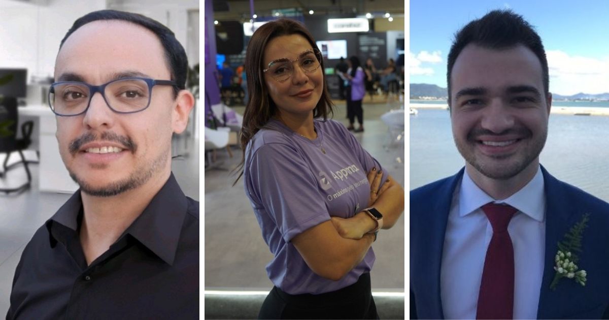 A imagem está dividida em três partes, cada uma mostrando uma pessoa em diferentes contextos: Primeira pessoa (à esquerda): Está vestindo uma camisa preta de manga longa, com gola e botões visíveis. O cenário ao fundo parece ser um escritório moderno, com cadeiras giratórias, mesas e um ambiente predominantemente claro. Segunda pessoa (ao centro): Usa uma camiseta roxa com texto visível que diz “App... O mil...”, sugerindo um evento ou feira de tecnologia. A pessoa está com os braços cruzados e há um ambiente movimentado ao fundo, com outras pessoas e estandes, indicando um espaço de exposição ou conferência. Terceira pessoa (à direita): Está vestindo um terno azul com camisa branca e gravata vermelha. Há um pequeno arranjo de flores preso à lapela, sugerindo uma ocasião formal, como casamento ou evento especial. O fundo mostra uma paisagem com água e montanhas, sob céu parcialmente nublado. (RD Summit)