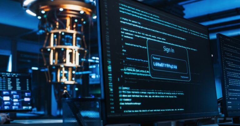 A imagem mostra um ambiente tecnológico avançado, provavelmente um laboratório ou centro de pesquisa em computação. Em primeiro plano, há um monitor exibindo uma tela de login com a palavra “Sign in” e um campo de senha preenchido com caracteres complexos, sugerindo um contexto de segurança digital ou criptografia. Ao fundo, é visível um equipamento sofisticado com estrutura cilíndrica e cabos, que se assemelha a um computador quântico ou dispositivo de alta tecnologia. A cena é iluminada por luzes frias, predominando tons de azul, reforçando a atmosfera futurista e de alta precisão. Há também outros monitores e elementos de hardware ao redor, indicando um espaço dedicado à pesquisa ou desenvolvimento tecnológico.